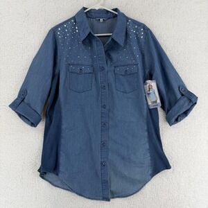 CI SONO Shirt Womens 1X Blue Chambray Rhinestone Button Front Tunic 3/4 Sleeve